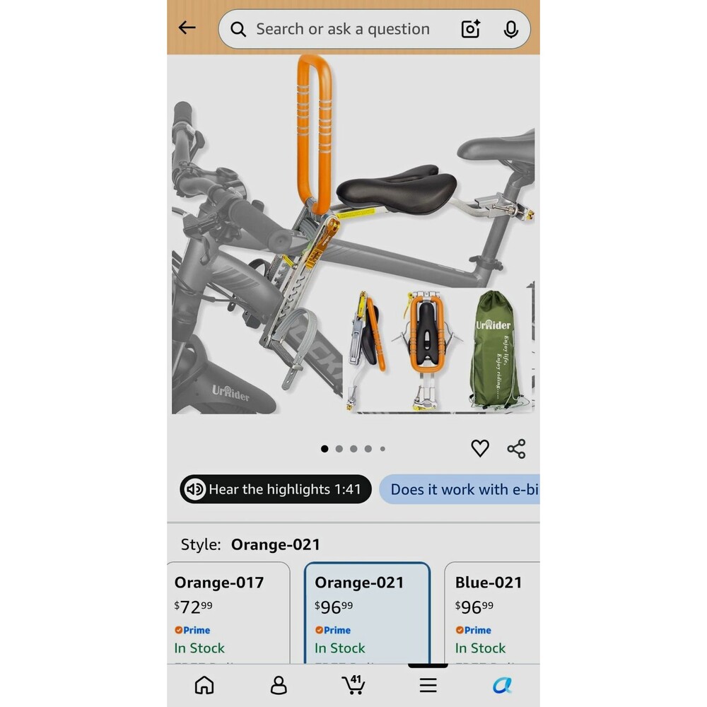 NWT UrRider Quick Release Front Child Bicycle Seat Orange BKS-021